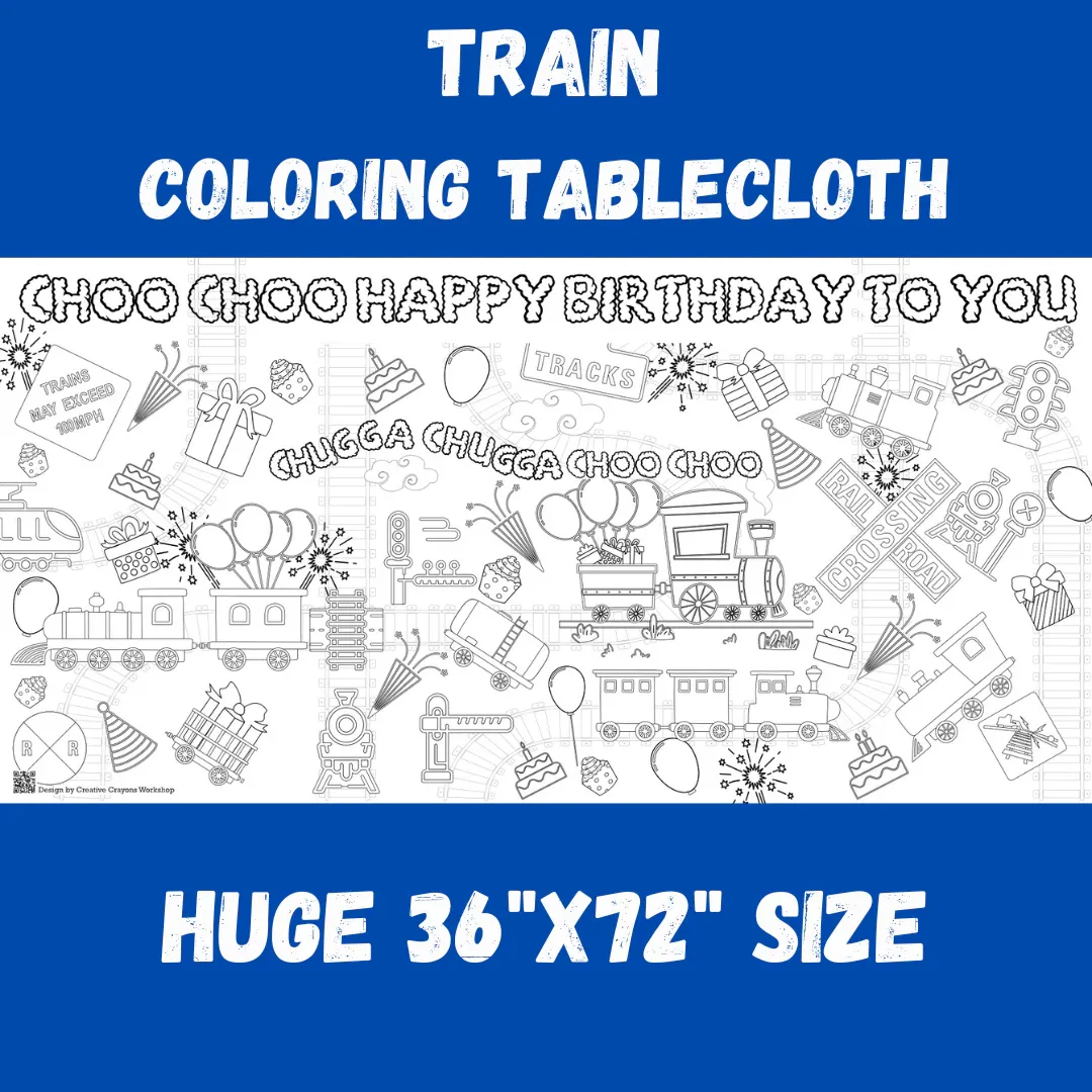 Train Birthday Coloring Tablecloth - Image 3