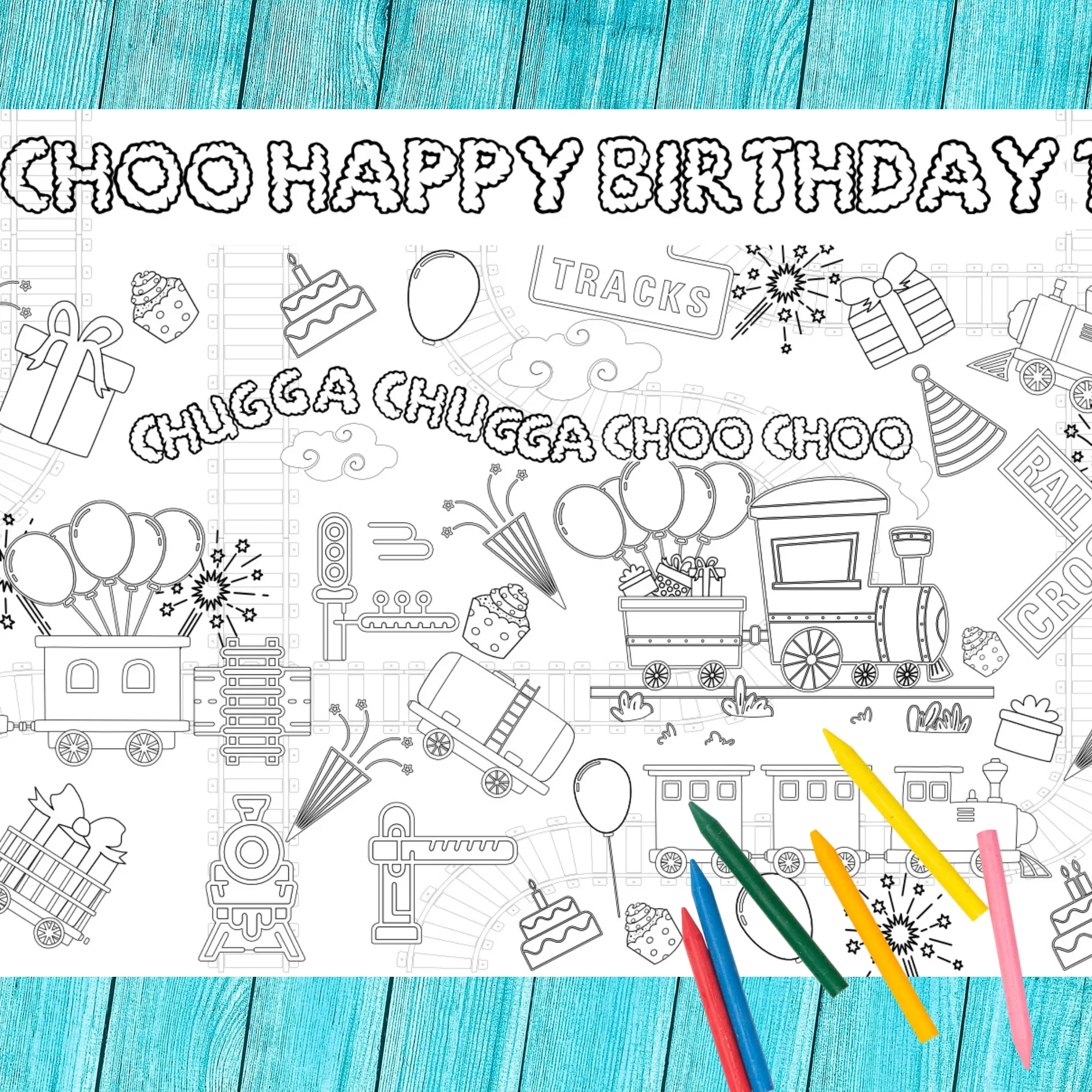 Train Birthday Coloring Tablecloth - Image 4