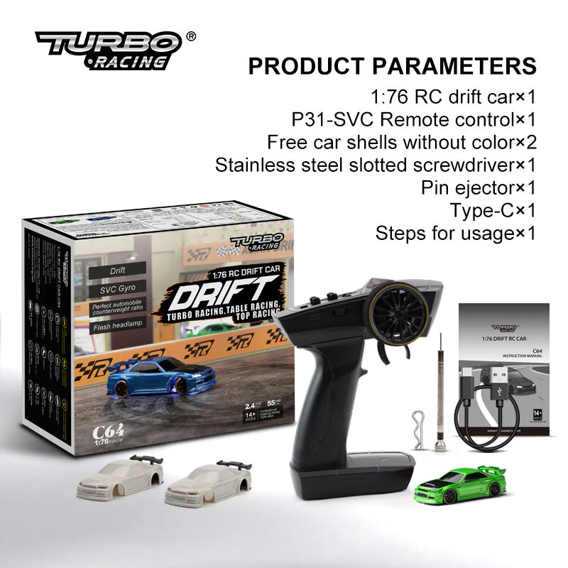 Turbo Racing 1vs76 C64 Drift RC Car With Gyro Radio Full Proportional Remote Control Toys RTR Kit For Kids And Adults - Image 9