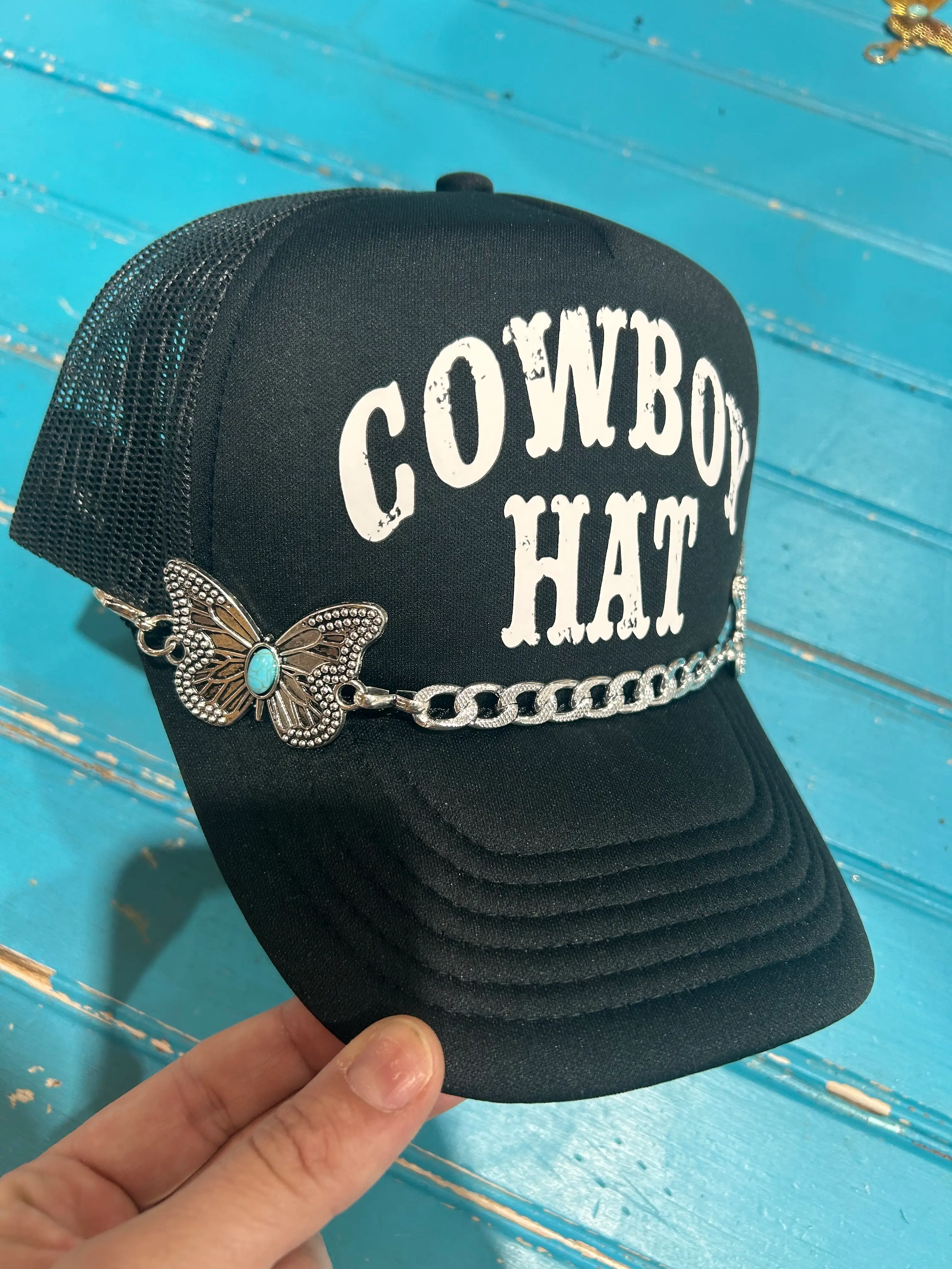 Turquoise Embossed Butterfly Trucker Hat Chain - Image 2