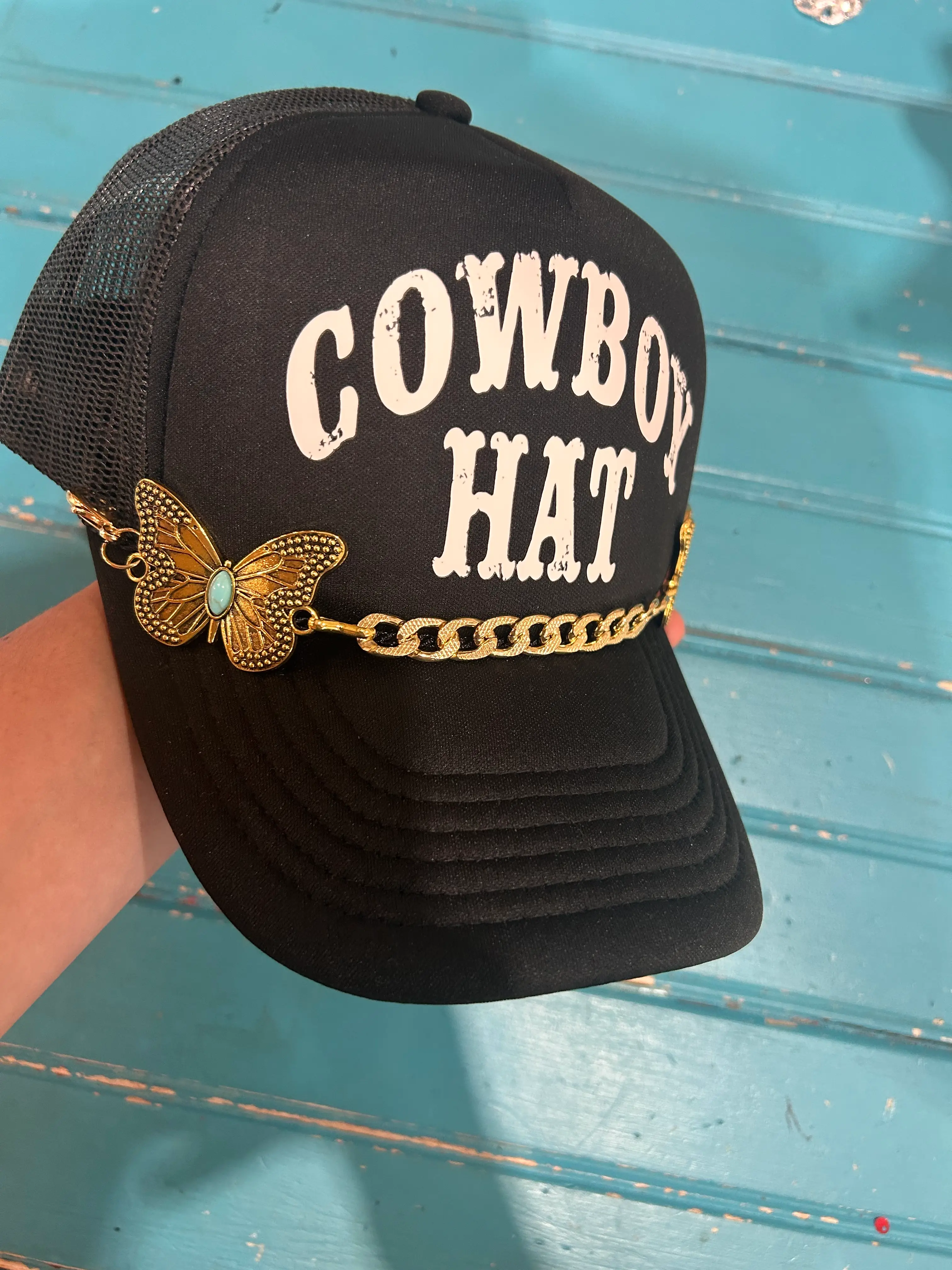Turquoise Embossed Butterfly Trucker Hat Chain - Image 3