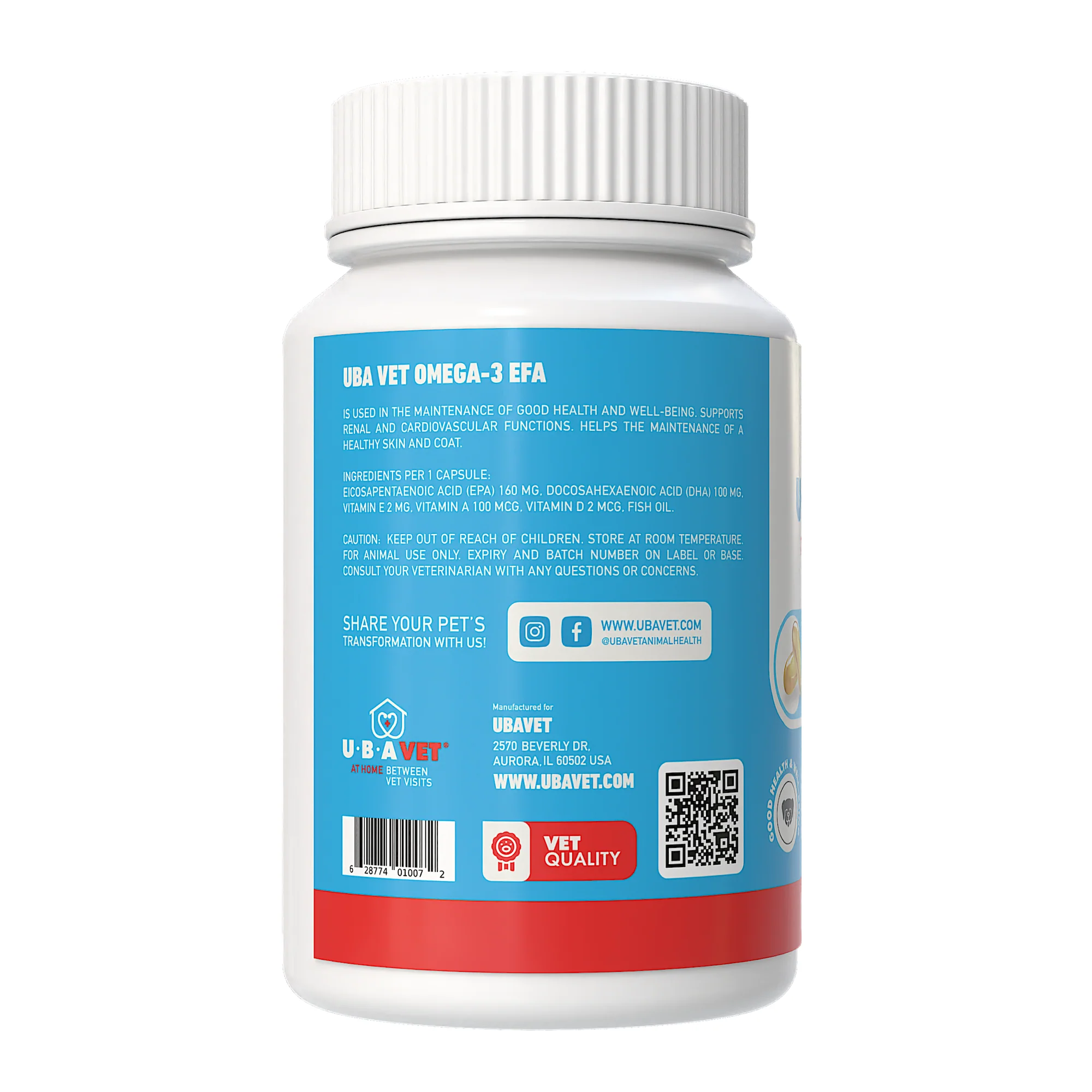 UBAVET Omega-3 Capsules 1000 mg – Skin, Coat & General Health Support for Dogs & Cats (120 ct) - Image 2