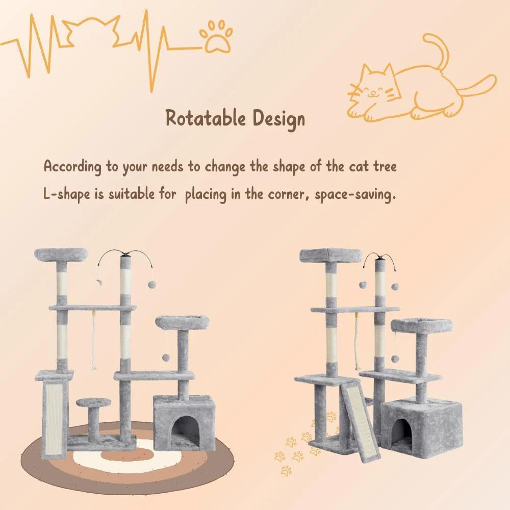 Ultimate 53.5-Inch Rotatable Cat Tree: Multi-Level Playground for Kittens and Large Cats with Cozy Condo and Scratching Posts in Light Gray - Image 3
