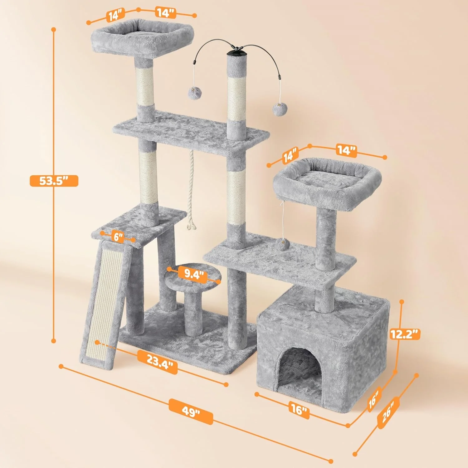 Ultimate 53.5-Inch Rotatable Cat Tree: Multi-Level Playground for Kittens and Large Cats with Cozy Condo and Scratching Posts in Light Gray - Image 6