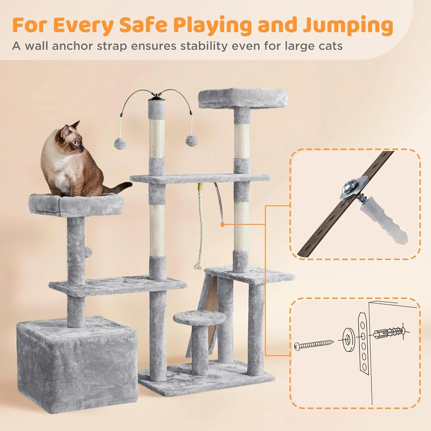 Ultimate 53.5-Inch Rotatable Cat Tree: Multi-Level Playground for Kittens and Large Cats with Cozy Condo and Scratching Posts in Light Gray - Image 8