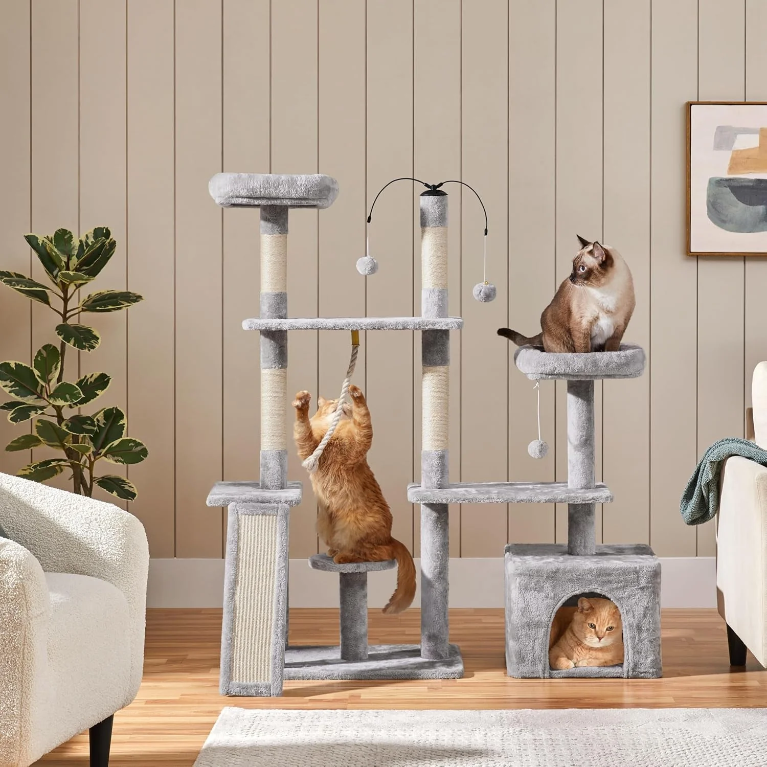 Ultimate 53.5-Inch Rotatable Cat Tree: Multi-Level Playground for Kittens and Large Cats with Cozy Condo and Scratching Posts in Light Gray - Image 9