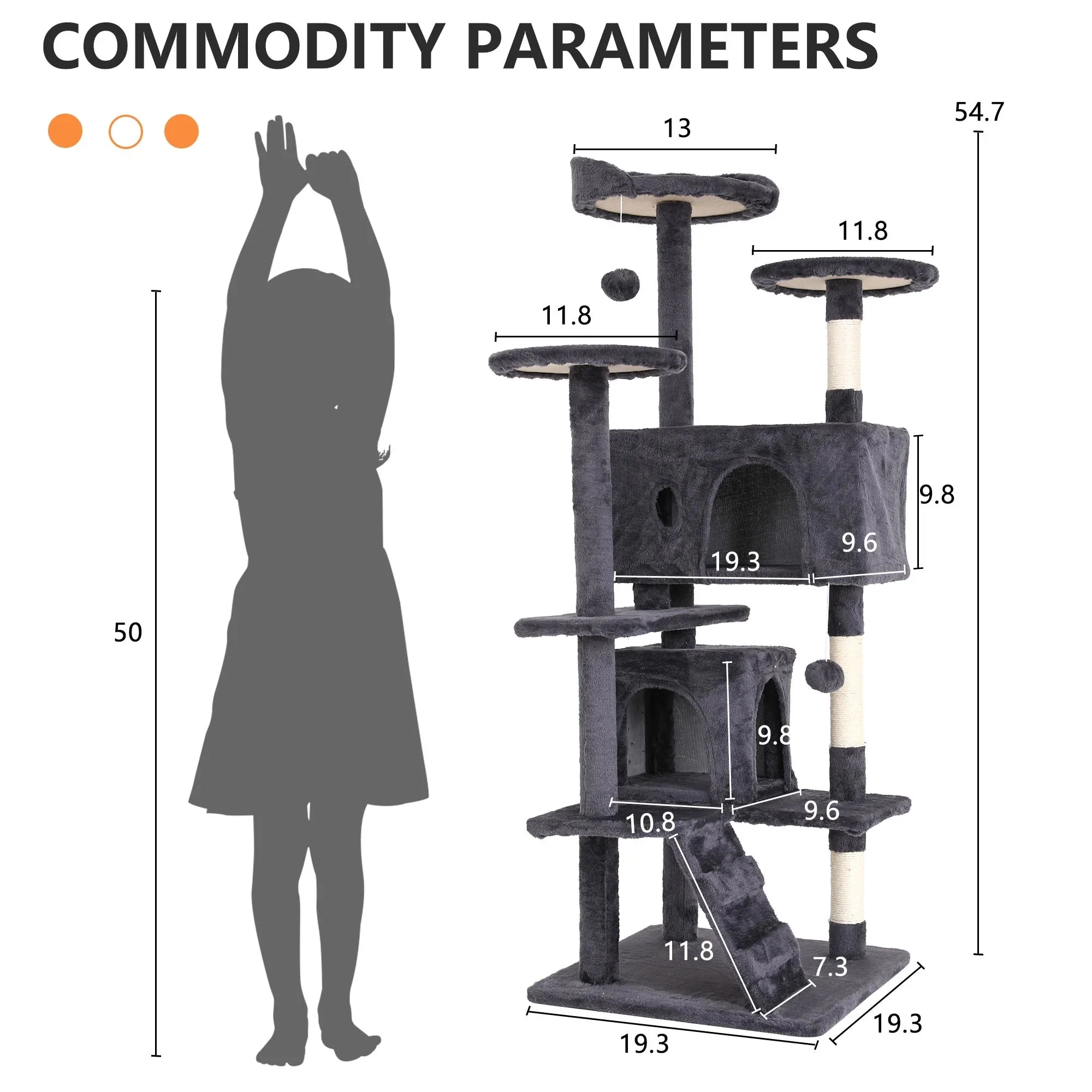 Ultimate 54-Inch Double Condo Cat Tree Tower with Scratching Post & Cozy Perch for Indoor Cats - Stylish Ashy Design - Image 3