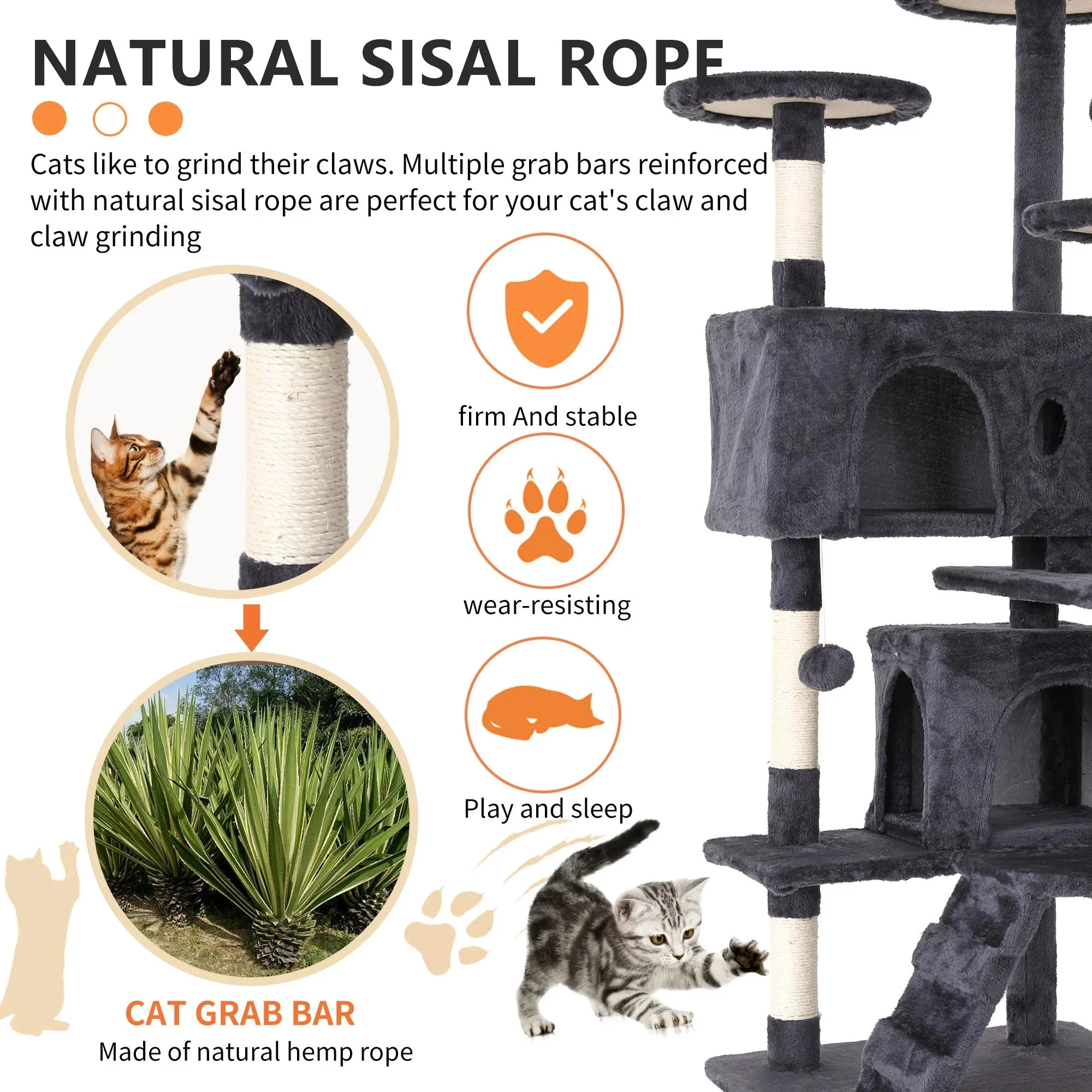 Ultimate 54-Inch Double Condo Cat Tree Tower with Scratching Post & Cozy Perch for Indoor Cats - Stylish Ashy Design - Image 4