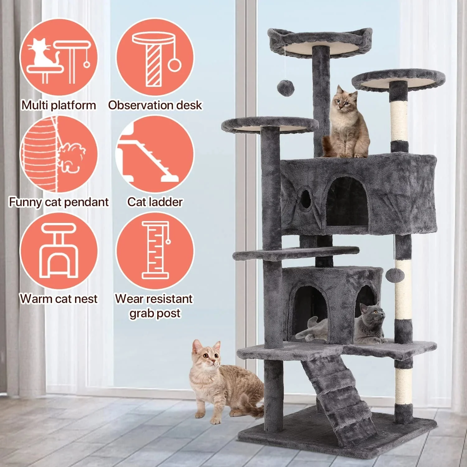 Ultimate 54-Inch Double Condo Cat Tree Tower with Scratching Post & Cozy Perch for Indoor Cats - Stylish Ashy Design - Image 5