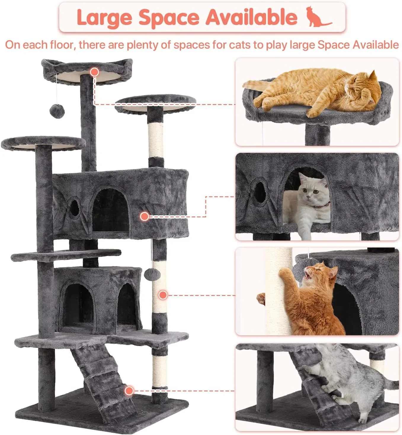 Ultimate 54-Inch Double Condo Cat Tree Tower with Scratching Post & Cozy Perch for Indoor Cats - Stylish Ashy Design - Image 6
