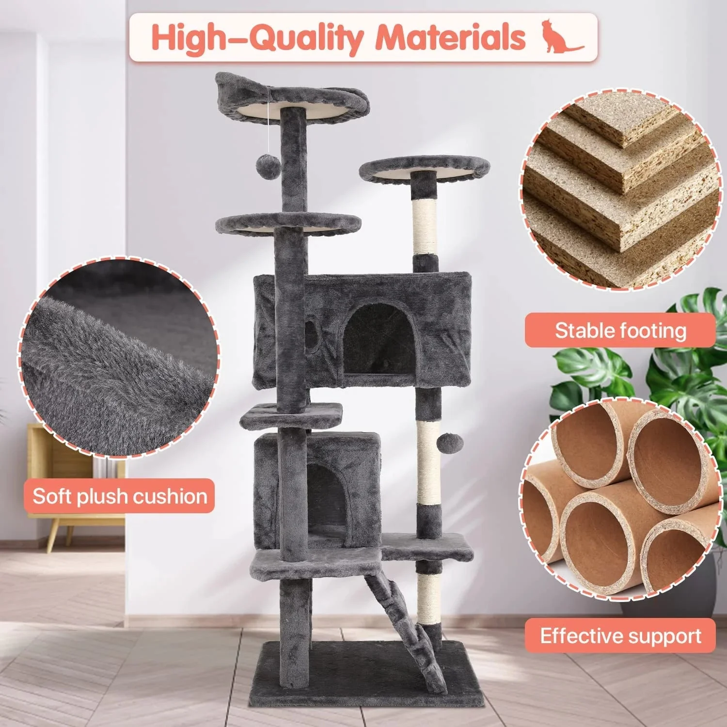 Ultimate 54-Inch Double Condo Cat Tree Tower with Scratching Post & Cozy Perch for Indoor Cats - Stylish Ashy Design - Image 7