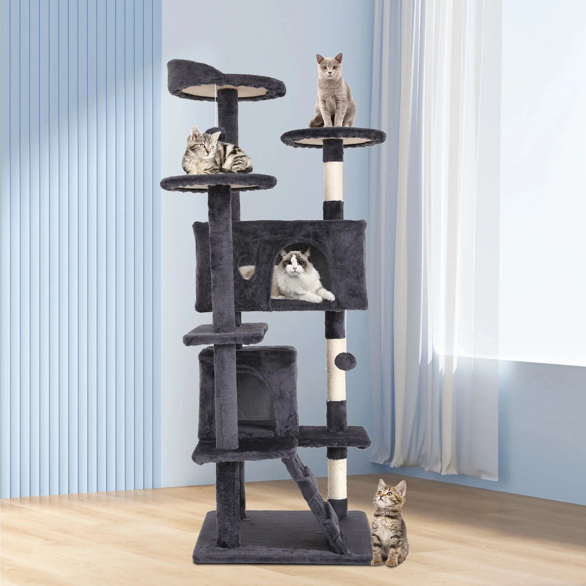 Ultimate 54-Inch Double Condo Cat Tree Tower with Scratching Post & Cozy Perch for Indoor Cats - Stylish Ashy Design - Image 8