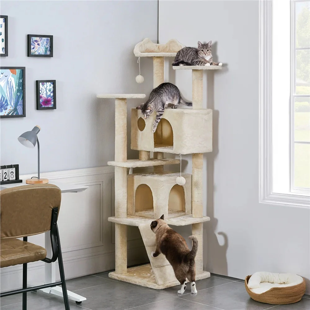 Ultimate 70" Double Condo Cat Tree with Scratching Posts - Creamy Comfort for Your Feline Friends! - Image 3
