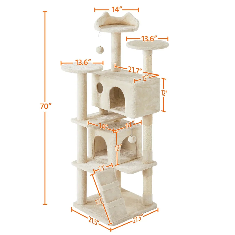 Ultimate 70" Double Condo Cat Tree with Scratching Posts - Creamy Comfort for Your Feline Friends! - Image 4