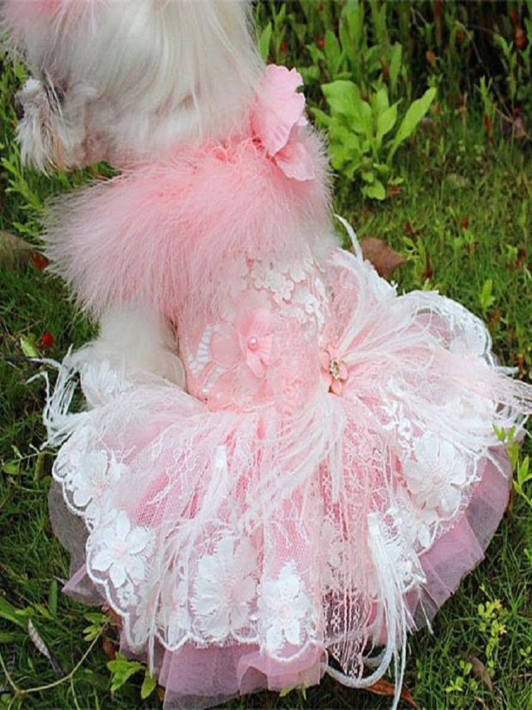 Unique Pet Feather Tutu Dog Lace Dress Princess Dress Pink Swan for Wedding Party Birthday Festival One Piece - Image 4