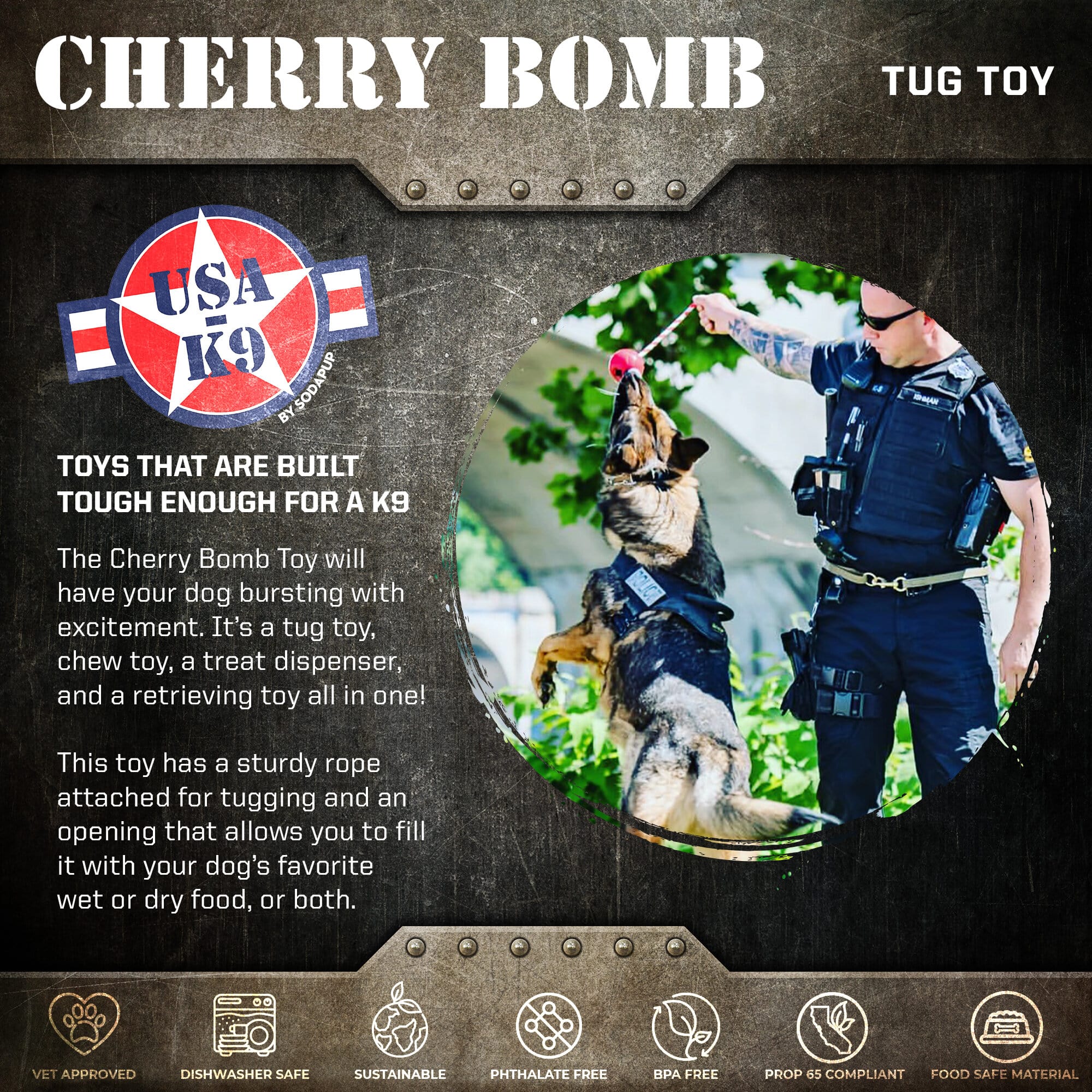 USA-K9 Cherry Bomb Rubber Dog Chew Toy | K9 Handler Reward Toy | Blue | USA Made - Image 2