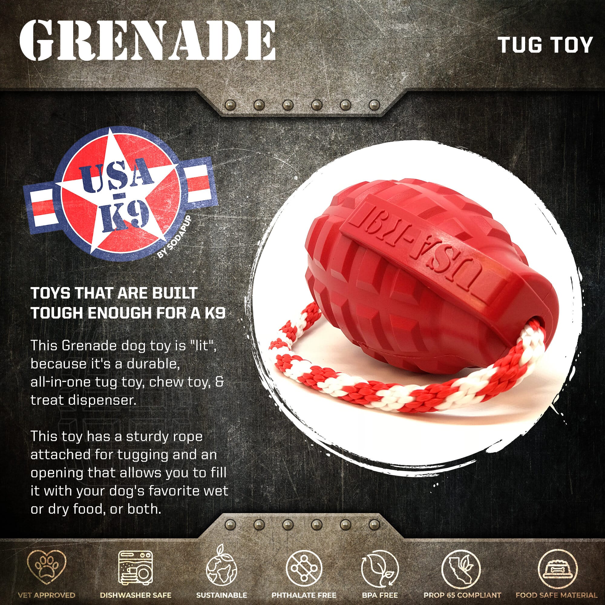 USA-K9 Grenade Rubber Dog Chew Toy | K9 Handler Reward Toy | Blue | USA Made - Image 2