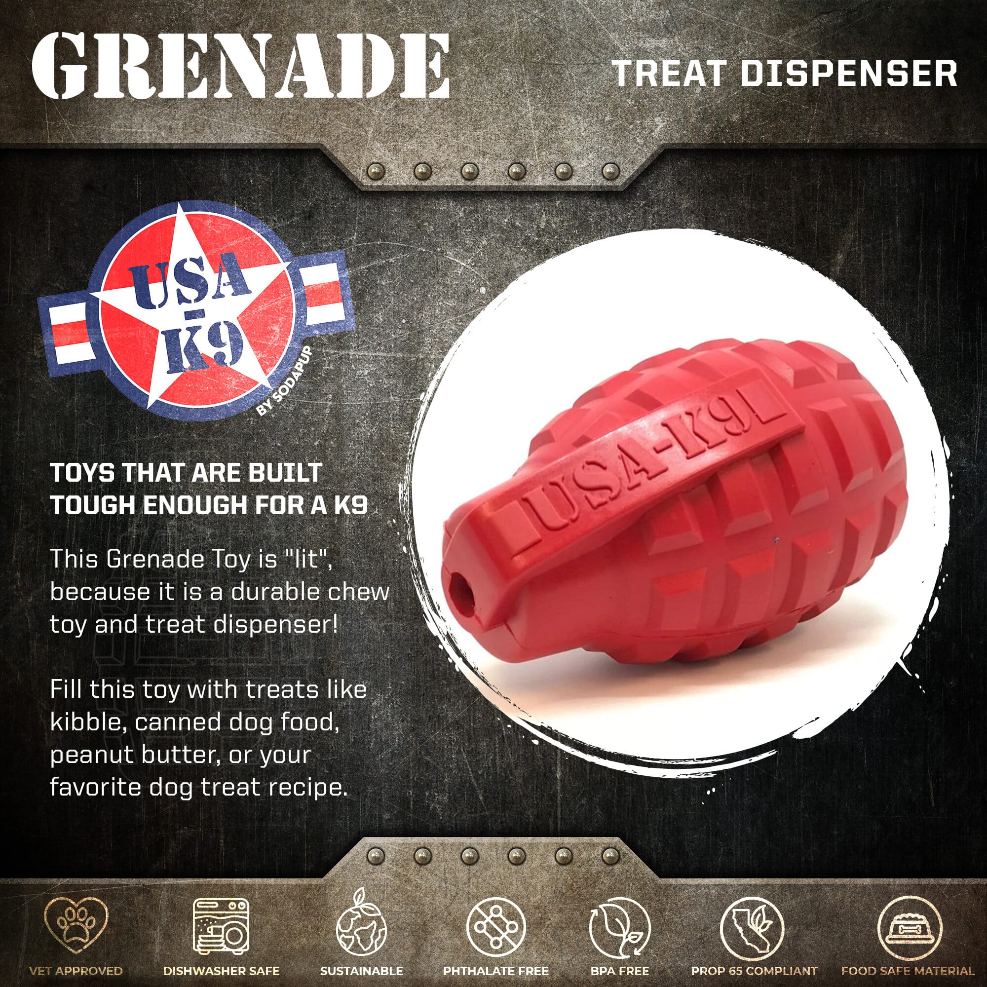 USA-K9 Grenade Rubber Dog Chew Toy | K9 Handler Reward Toy | Red & Blue | USA Made - Image 3