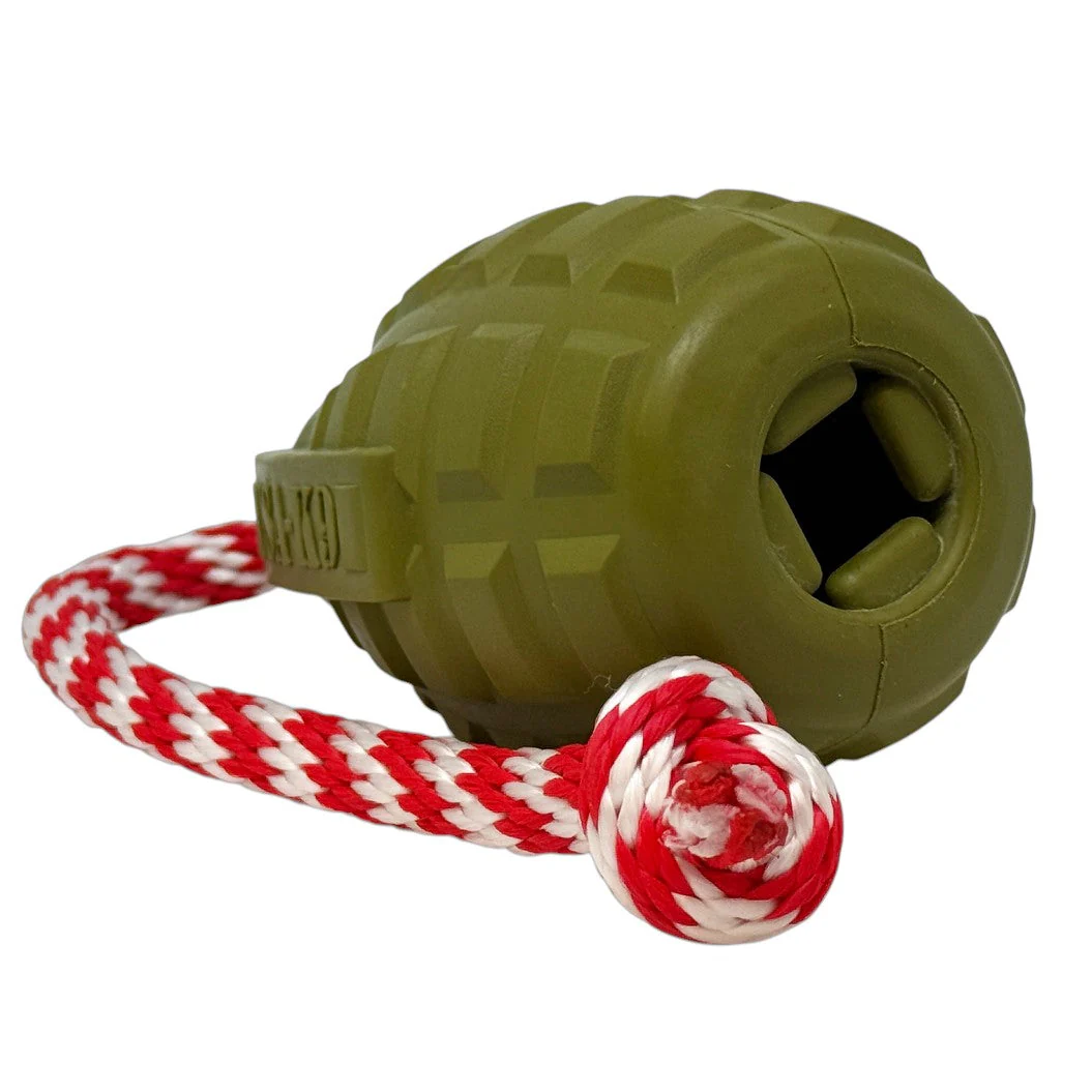 USA-K9 Grenade Shaped Rubber Dog Toy - Chew, Treat Dispenser & Tug Toy | USA - Army Green - Image 3