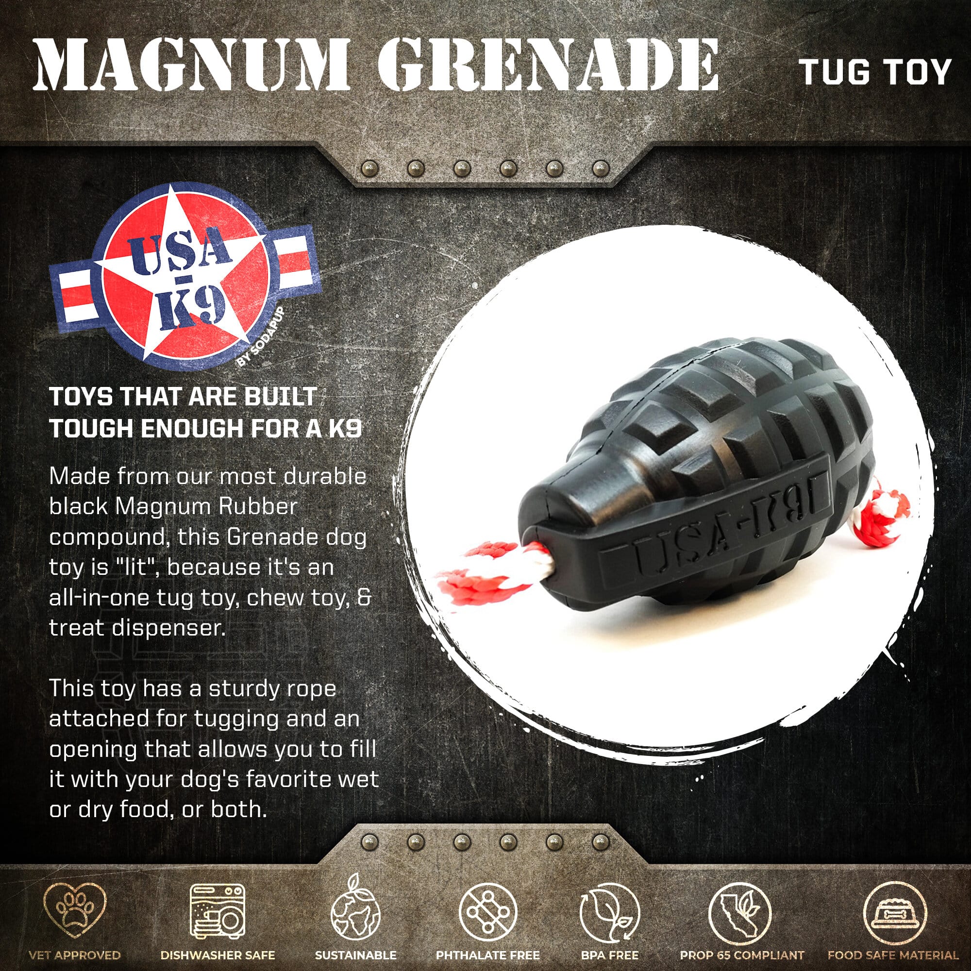 USA-K9 Magnum Grenade - Black Magnum Rubber Chew Toy for Extreme Chewers | USA Made - Image 2