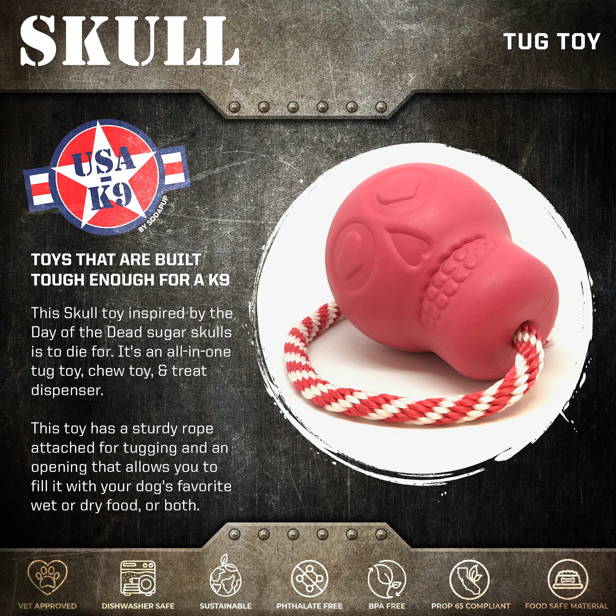 USA-K9 Skull Dog Chew Toy & Treat Dispenser - Made in USA | SodaPup - Image 2