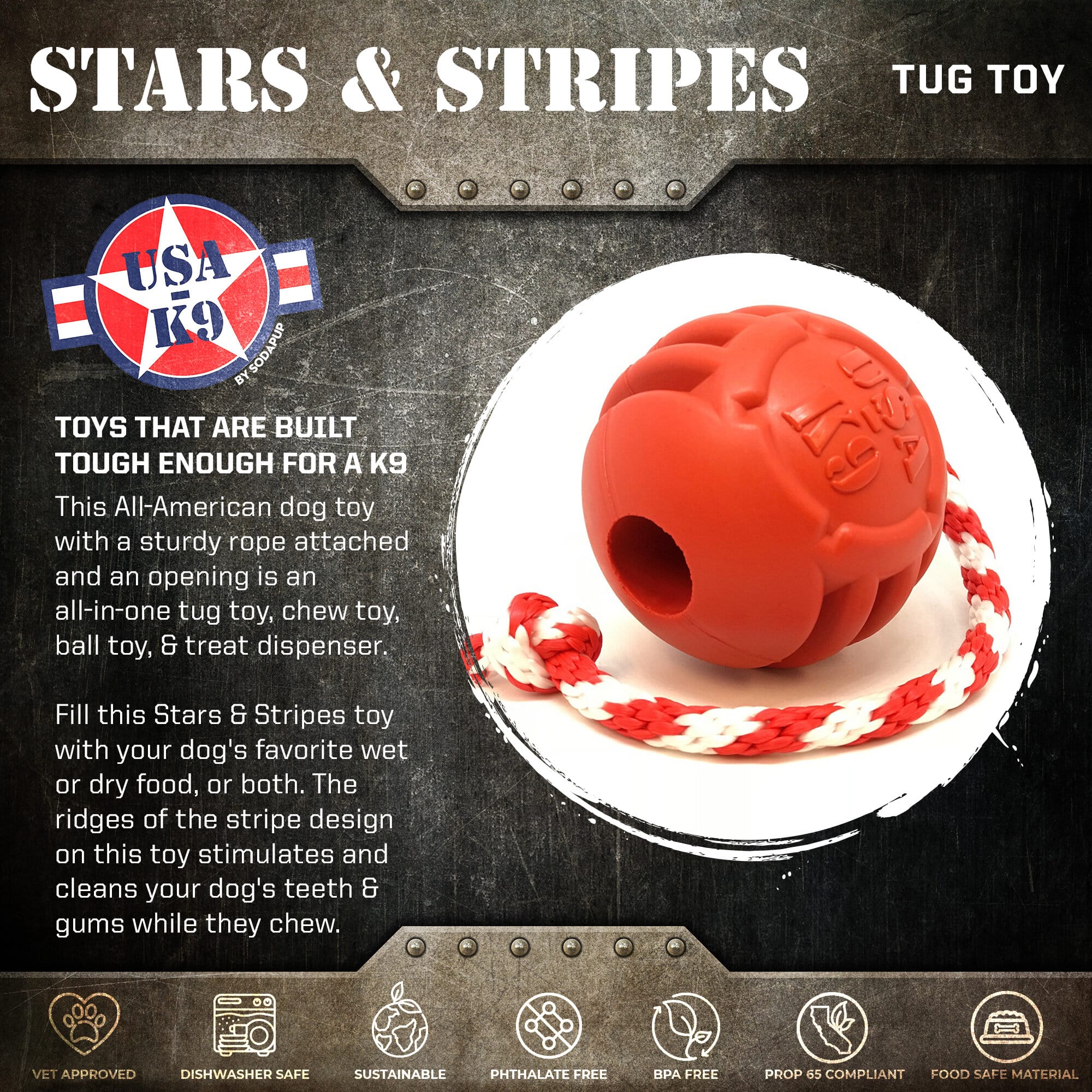 USA-K9 Stars and Stripes Rubber Dog Toy | K9 Handler Reward Toy | Red | USA Made - Image 2
