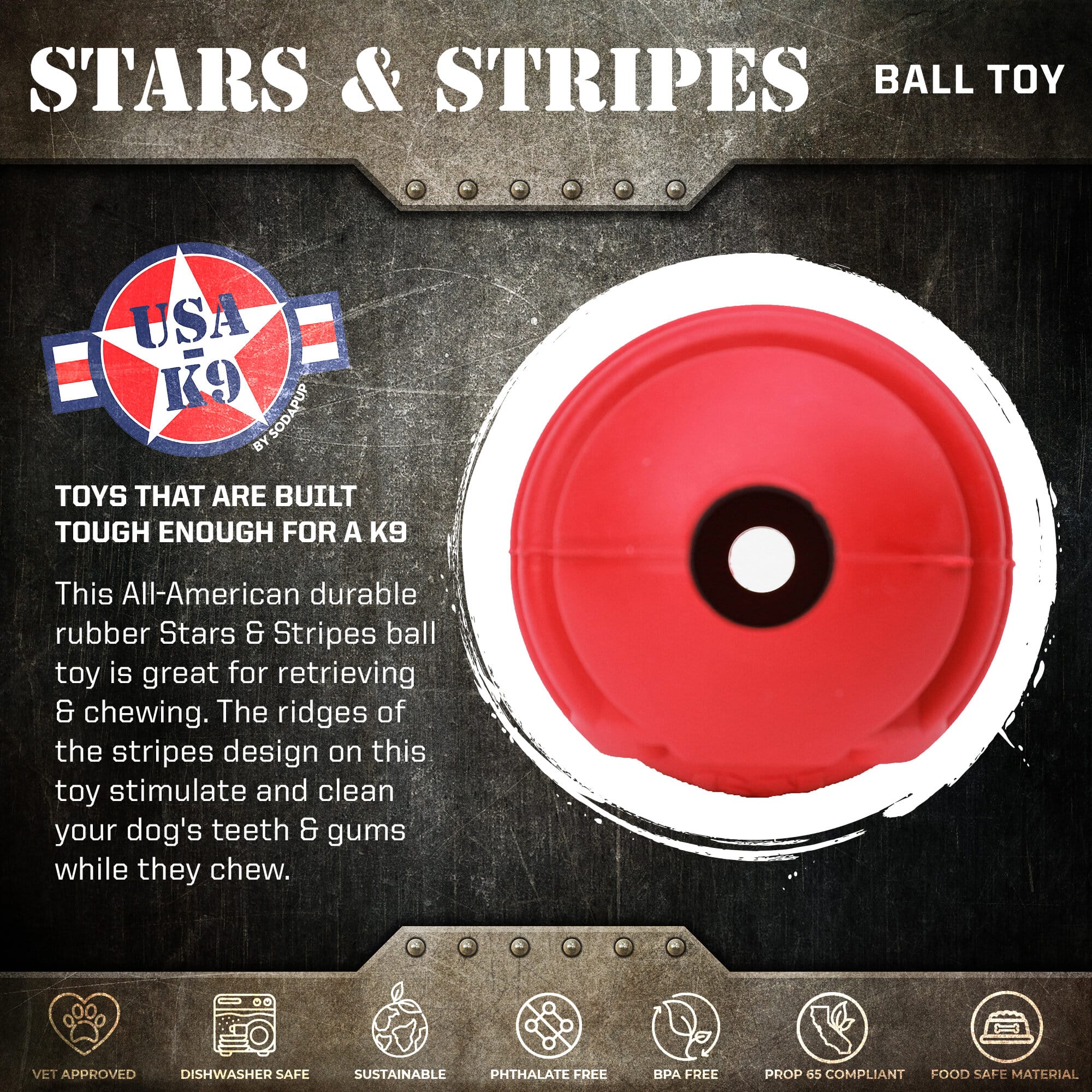 USA-K9 Stars and Stripes Rubber Dog Toy | K9 Handler Reward Toy | Red | USA Made - Image 2
