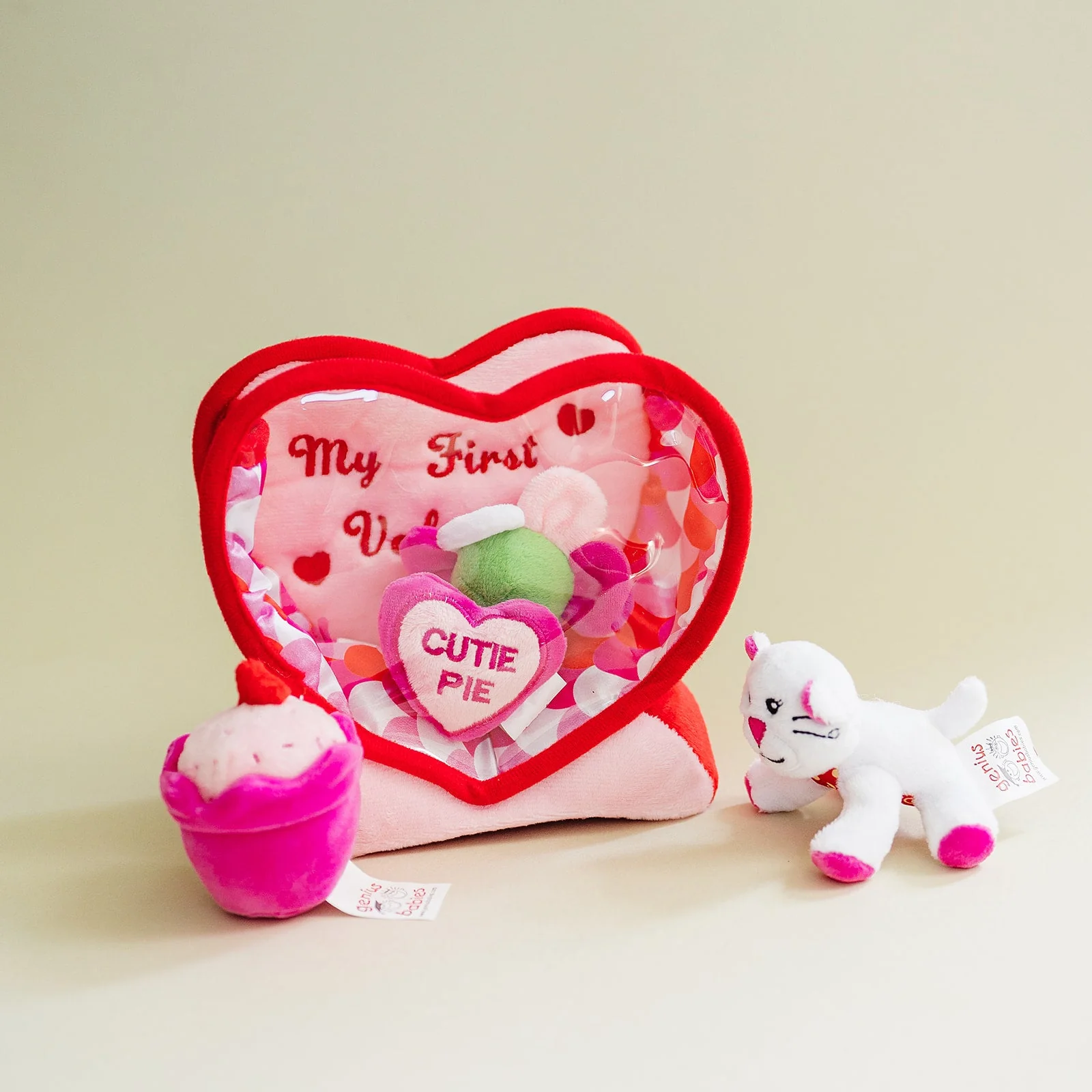 Valentine's Day Plush Fill & Spill Playset & Keepsake Gift  with 4 ct Mini Sensory Toys (Cat, Heart, Flower, Cupcake) - Image 2