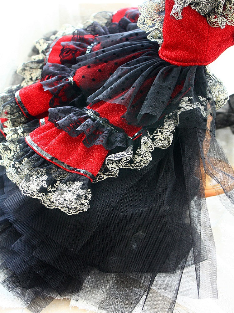 Victorian-Inspired Red and Black Lace Dog Trailing Dress Gothic Pet Gown Clinoline - Image 6