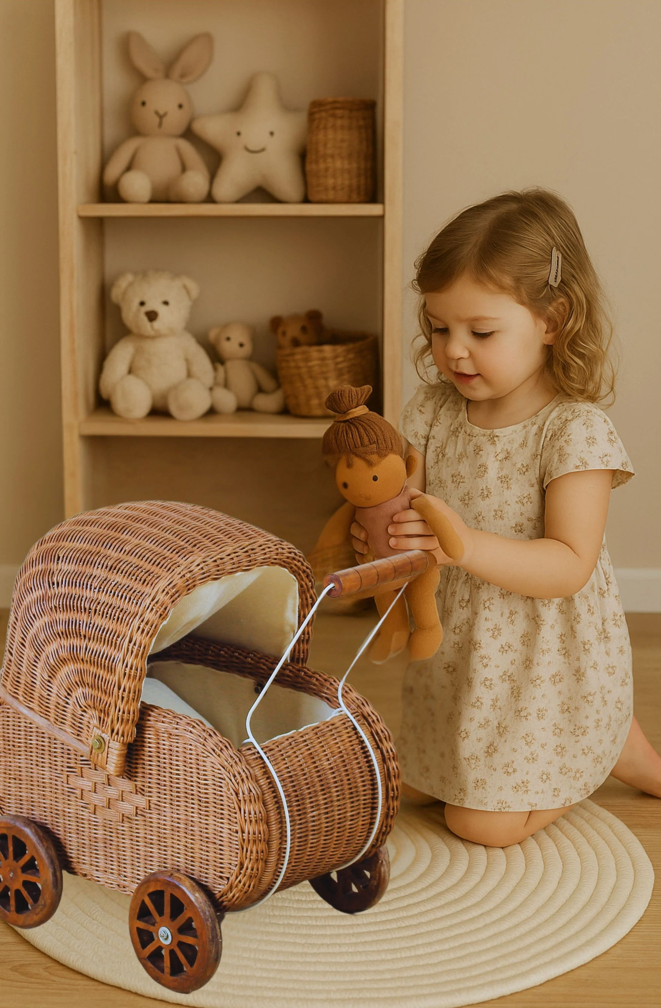 Vintage Charm Rattan Doll Pram - Image 3