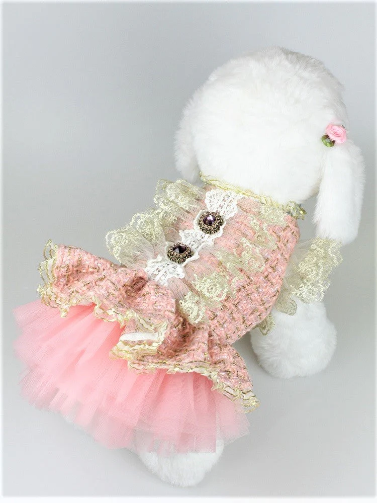 Vintage Pink Tweed Dog Dress - Elegant Pet Formal Wear with Jewel Accents - Image 10
