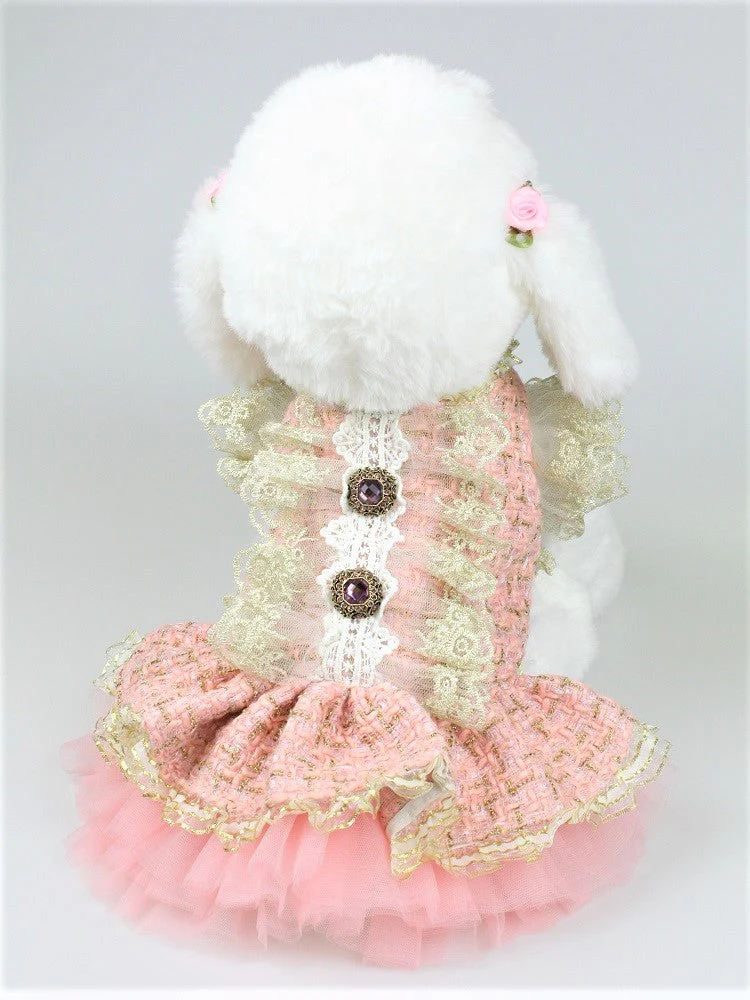 Vintage Pink Tweed Dog Dress - Elegant Pet Formal Wear with Jewel Accents - Image 11