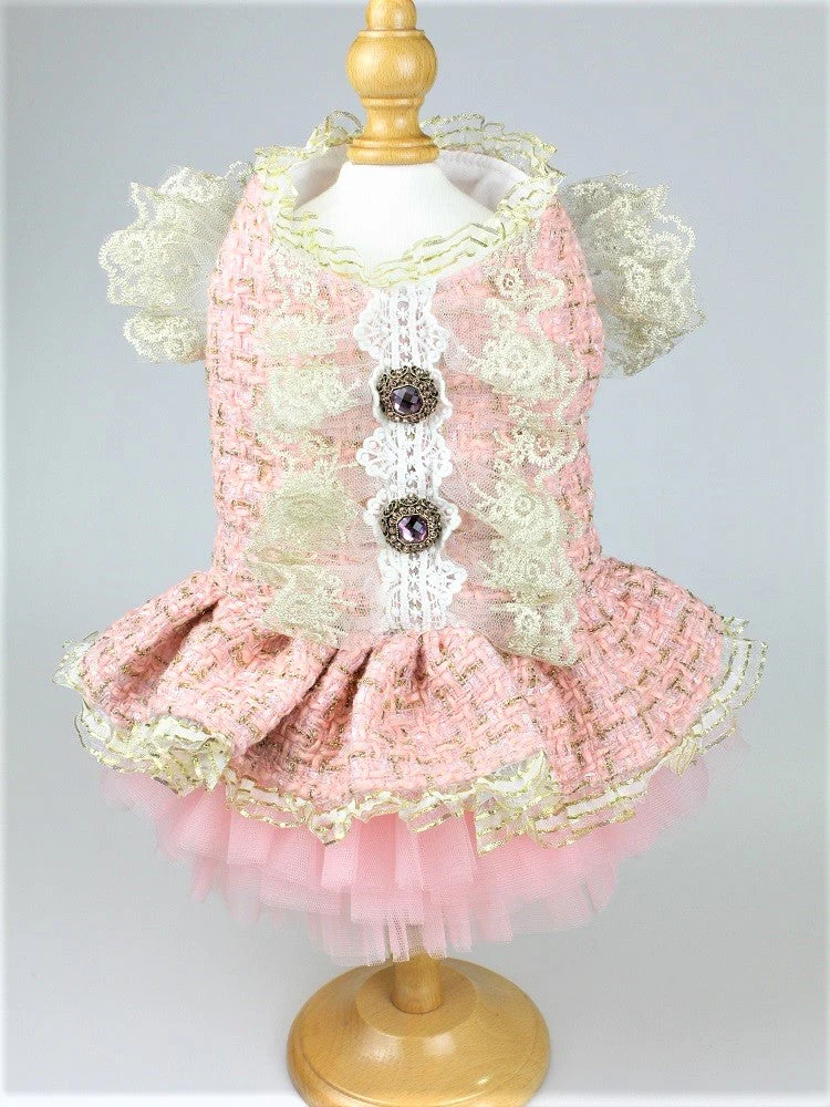 Vintage Pink Tweed Dog Dress - Elegant Pet Formal Wear with Jewel Accents - Image 2