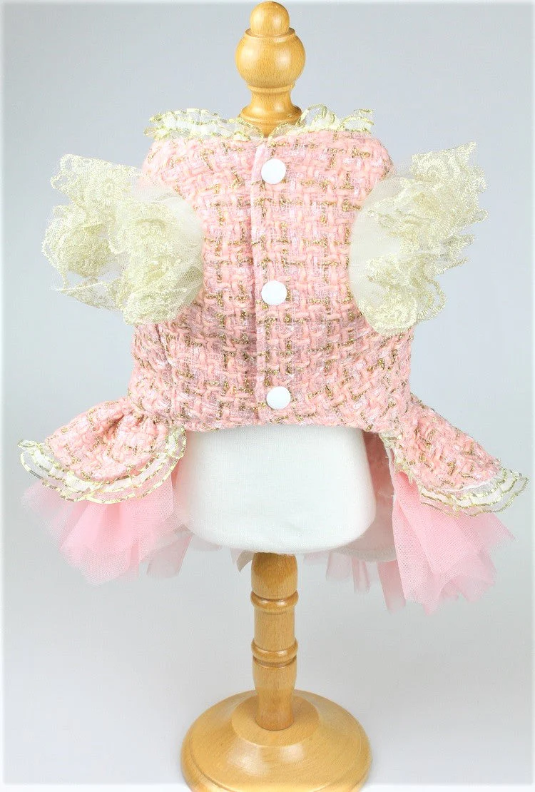 Vintage Pink Tweed Dog Dress - Elegant Pet Formal Wear with Jewel Accents - Image 3