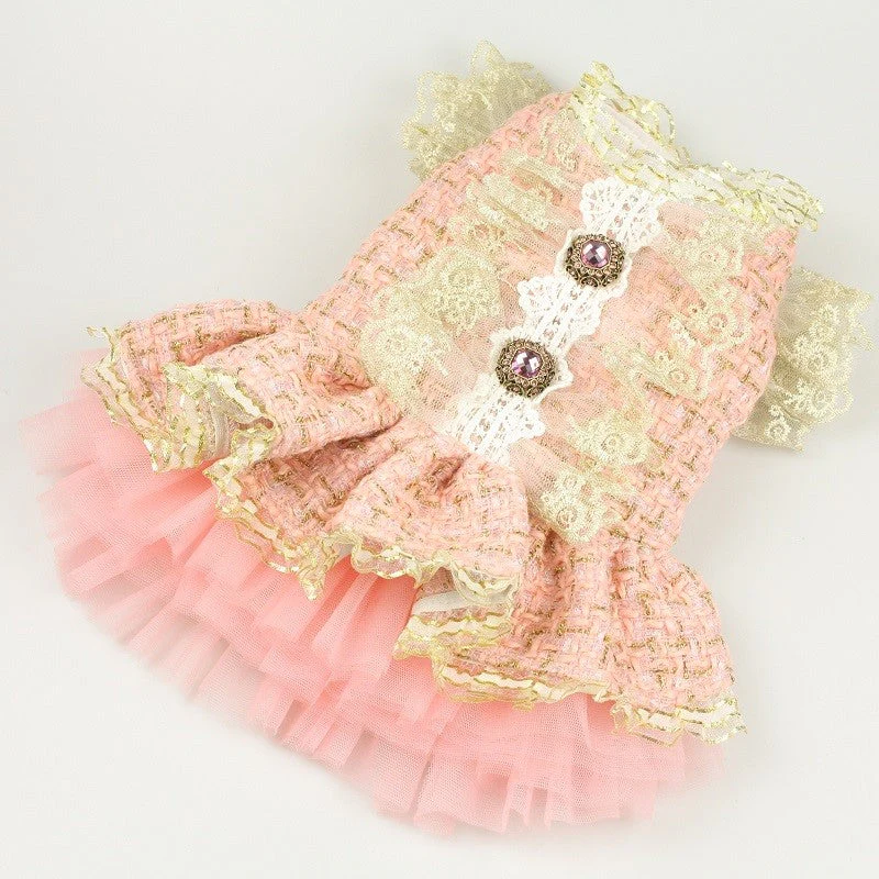 Vintage Pink Tweed Dog Dress - Elegant Pet Formal Wear with Jewel Accents - Image 5