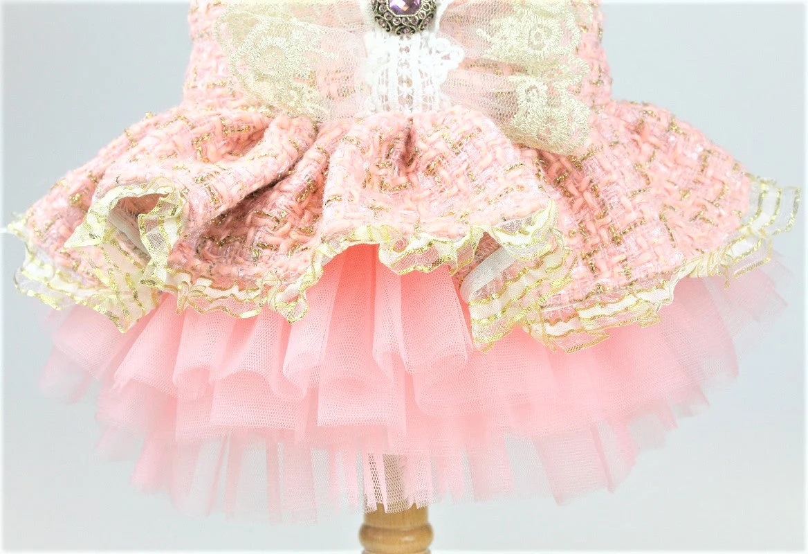 Vintage Pink Tweed Dog Dress - Elegant Pet Formal Wear with Jewel Accents - Image 7