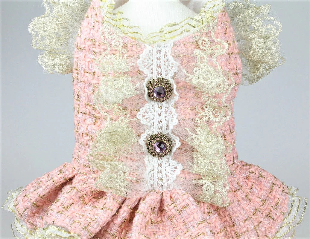 Vintage Pink Tweed Dog Dress - Elegant Pet Formal Wear with Jewel Accents - Image 8