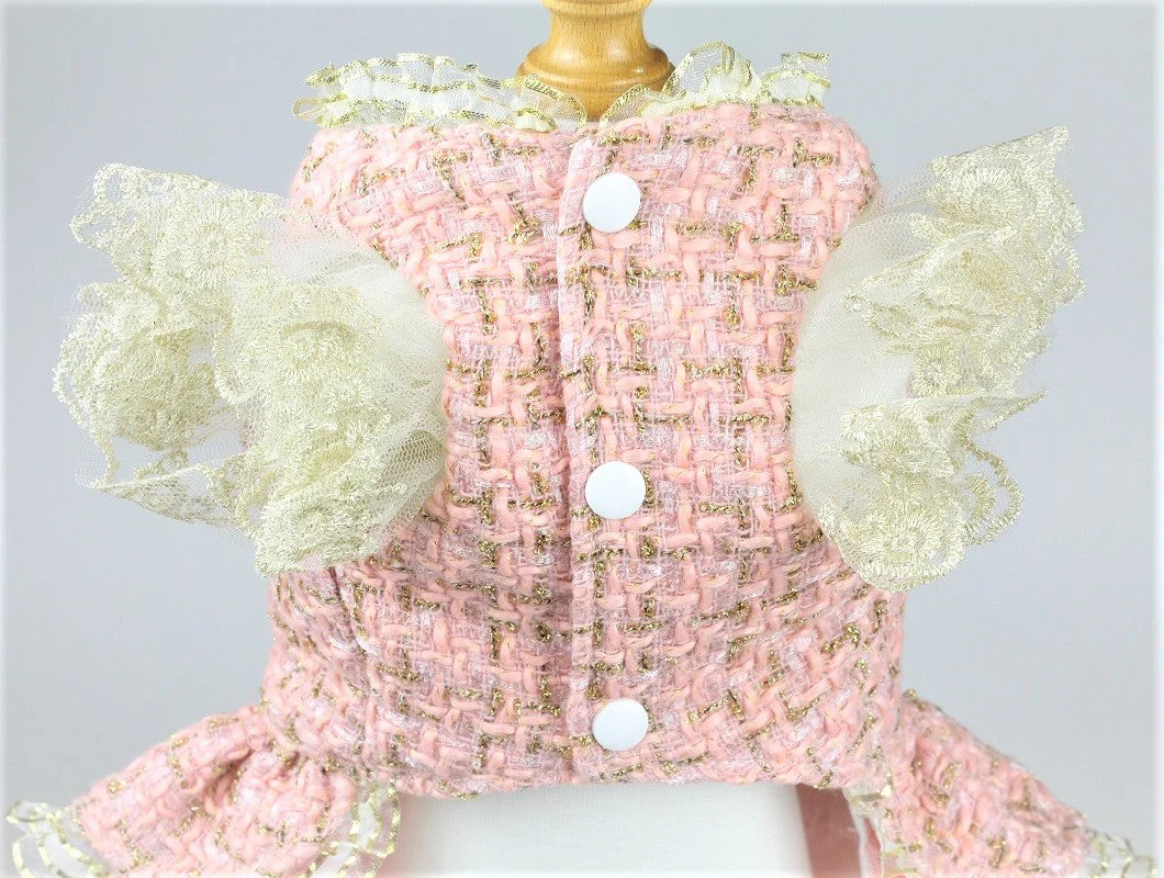 Vintage Pink Tweed Dog Dress - Elegant Pet Formal Wear with Jewel Accents - Image 9