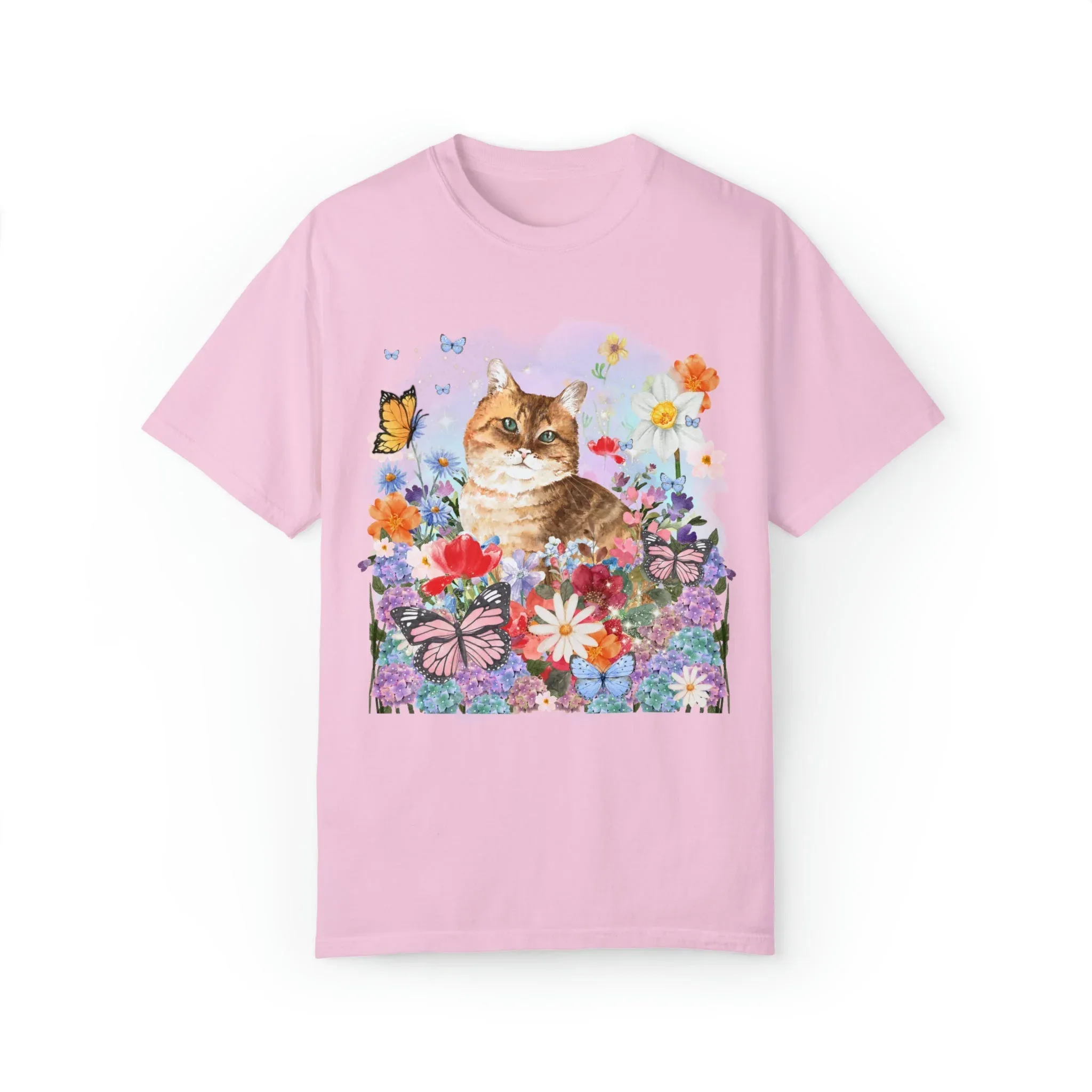 Watercolor Cat with Butterflies Tee - Image 2
