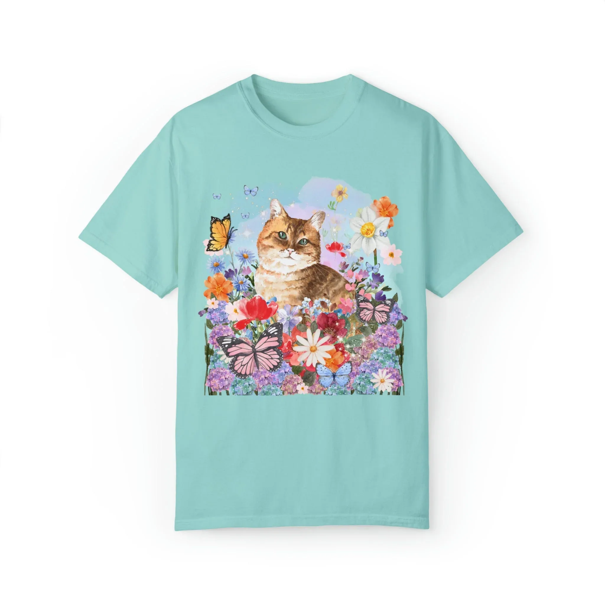 Watercolor Cat with Butterflies Tee - Image 3