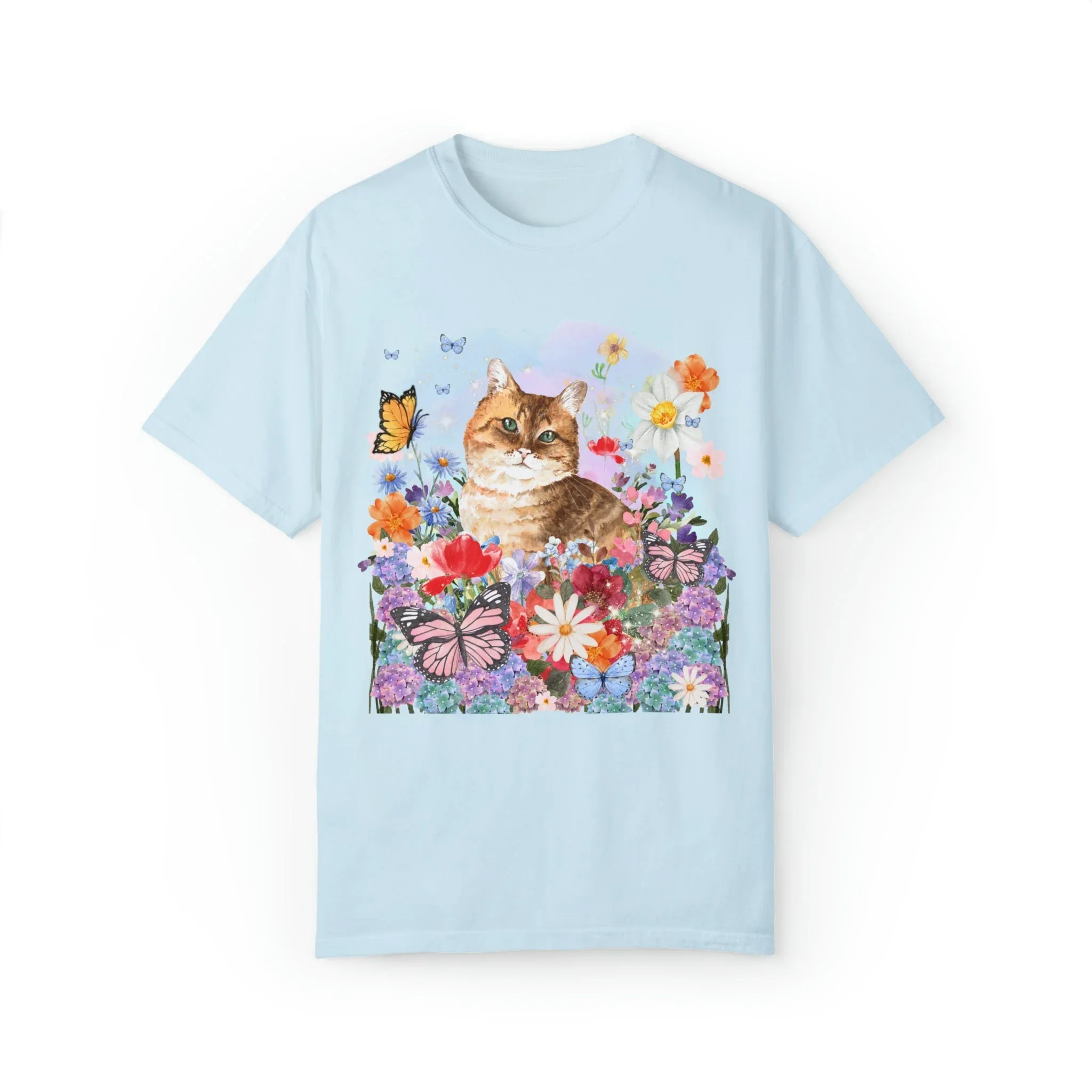 Watercolor Cat with Butterflies Tee - Image 4
