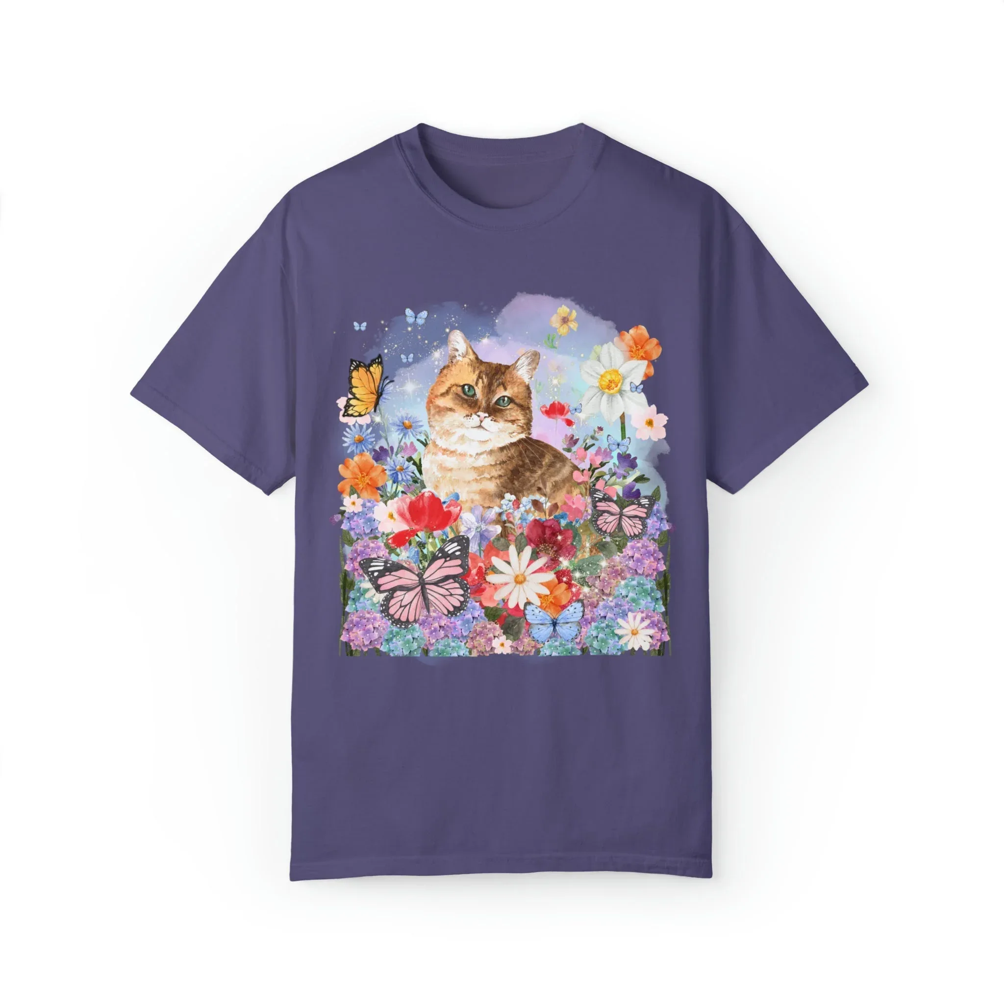 Watercolor Cat with Butterflies Tee - Image 5