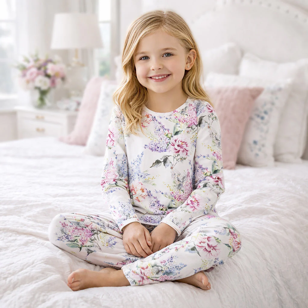 Watercolor Floral Bamboo Girls Pajama Set - Image 2