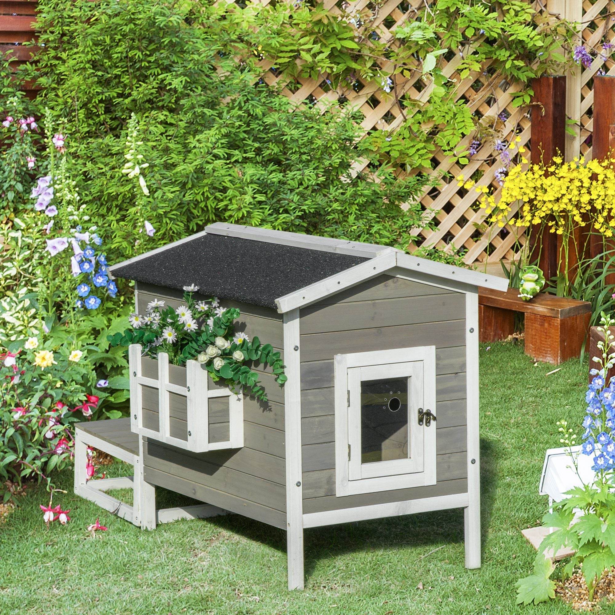 Weatherproof Outdoor Cat House with Porch & Escape Door - Feral Cat Shelter with Plant Stand | Dark Grey/White Wood Construction - Image 10