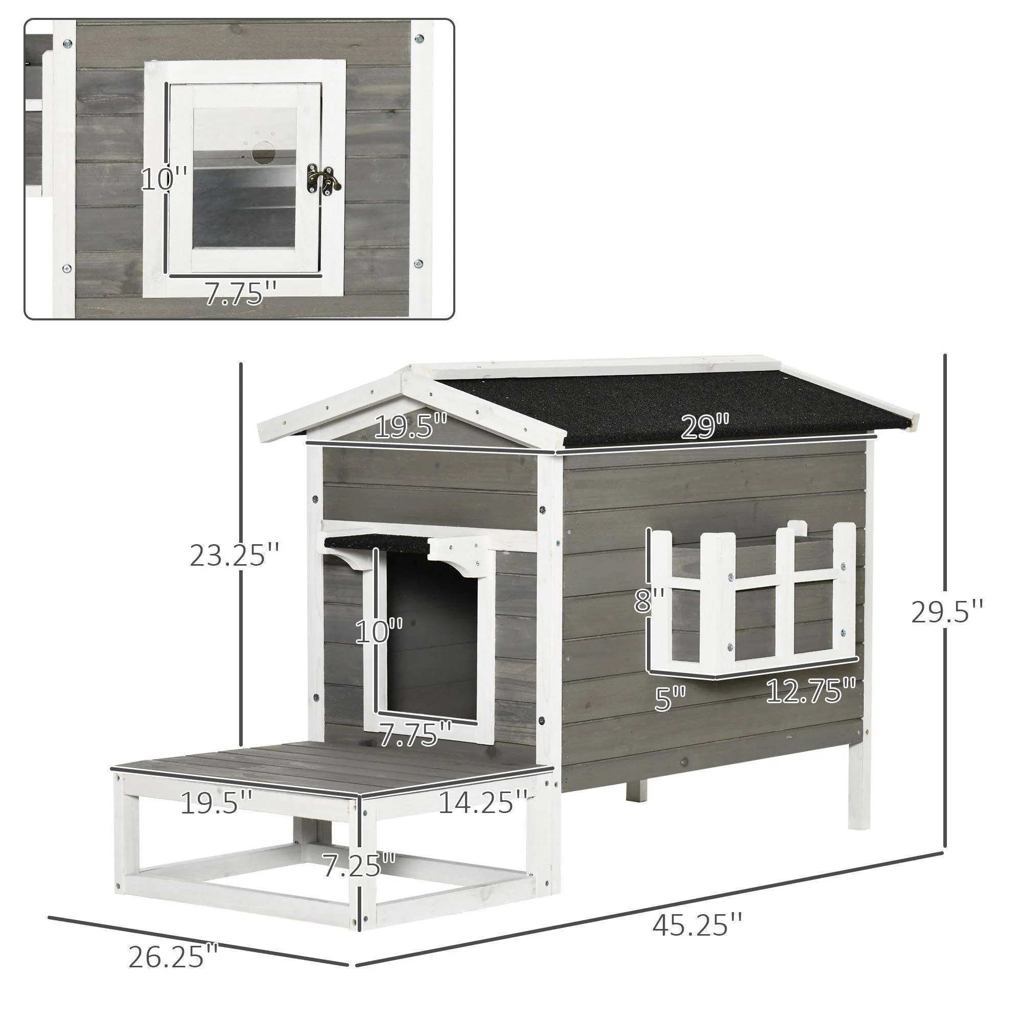 Weatherproof Outdoor Cat House with Porch & Escape Door - Feral Cat Shelter with Plant Stand | Dark Grey/White Wood Construction - Image 3