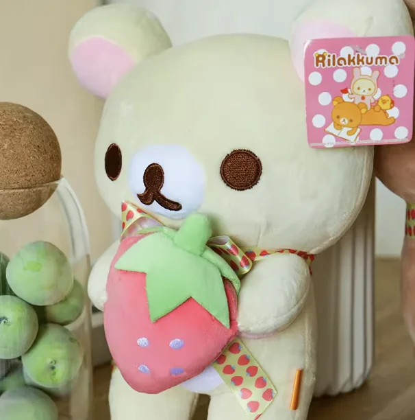 White Rilakkuma Plush Cute Animal Strawberry Cute Bear Stuffed Doll Kuma Plushies Kawaii Room Deocr Toys Xmas Gift for Kids