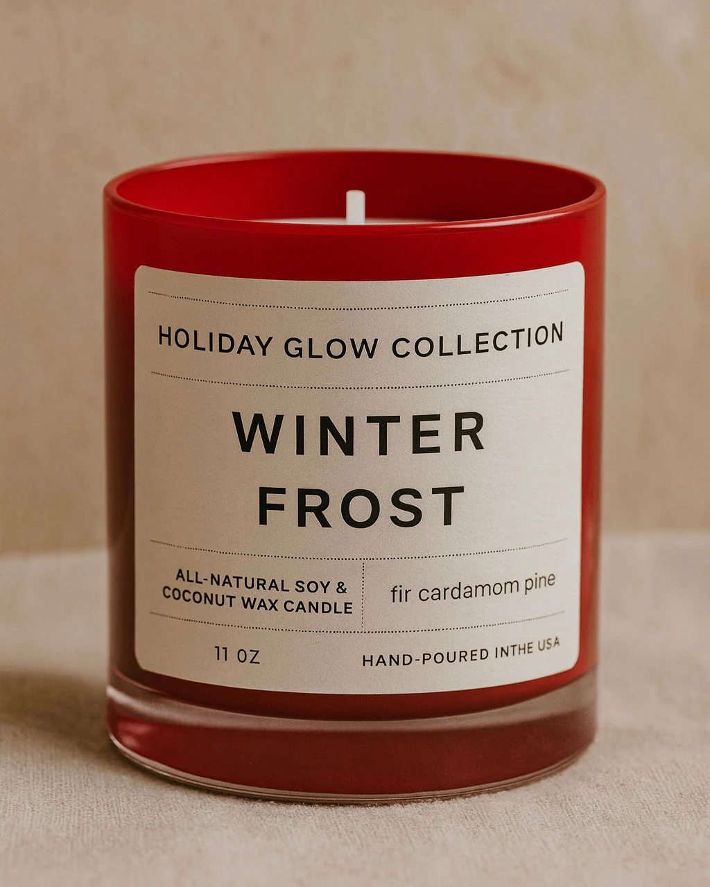 Winter Frost Candle – Fir & Cardamom, Red Jar – Snowy Forest Scent - Image 3