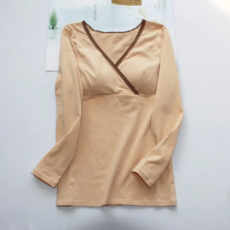 Women's Cotton Nursing Top, Long Sleeve V-Neck T-Shirt - # BAGE211510105-NURSG - Image 3