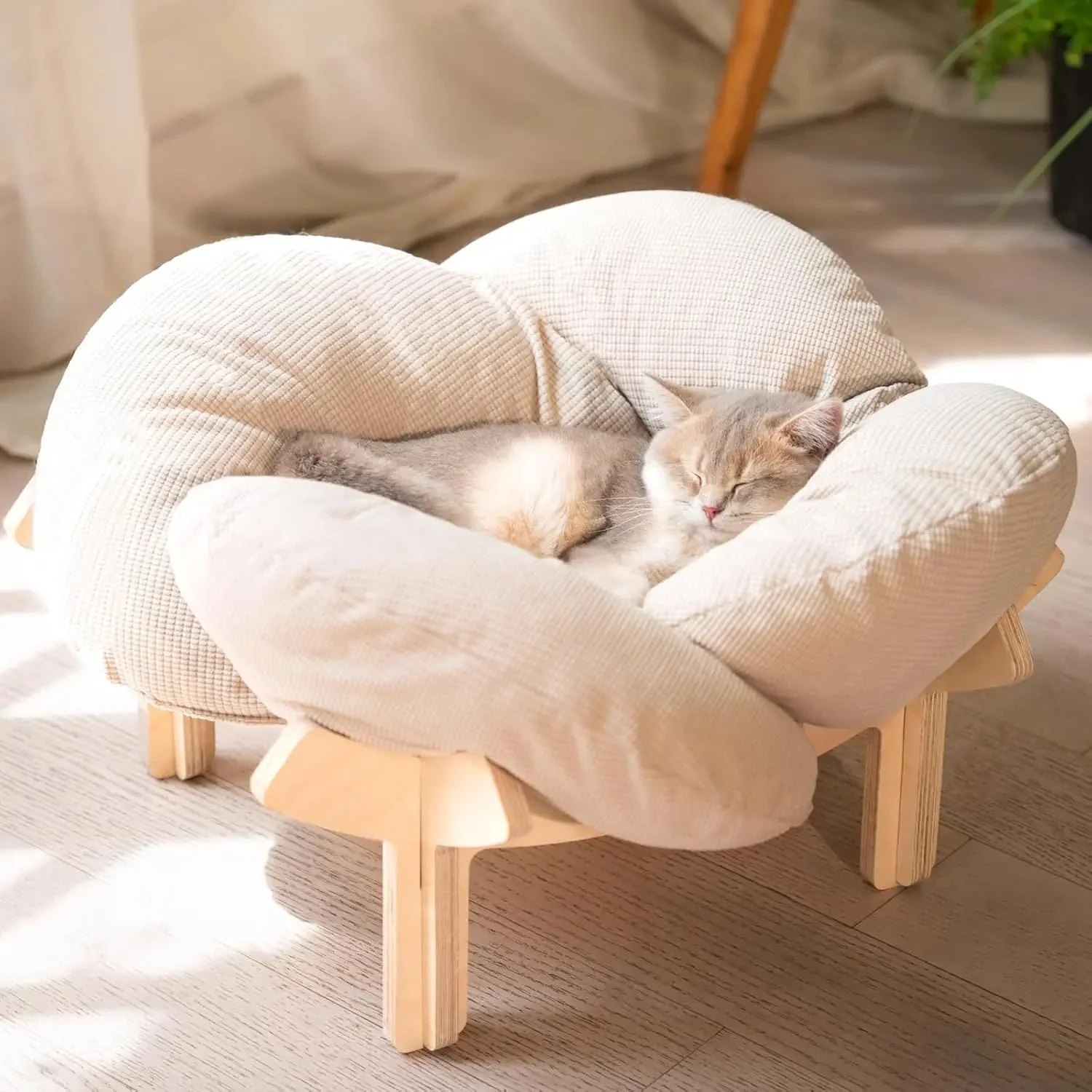 Wooden Cat & Puppies Elevated Pet Bed with Cushion – Modern Raised Pet Sofa - Image 2