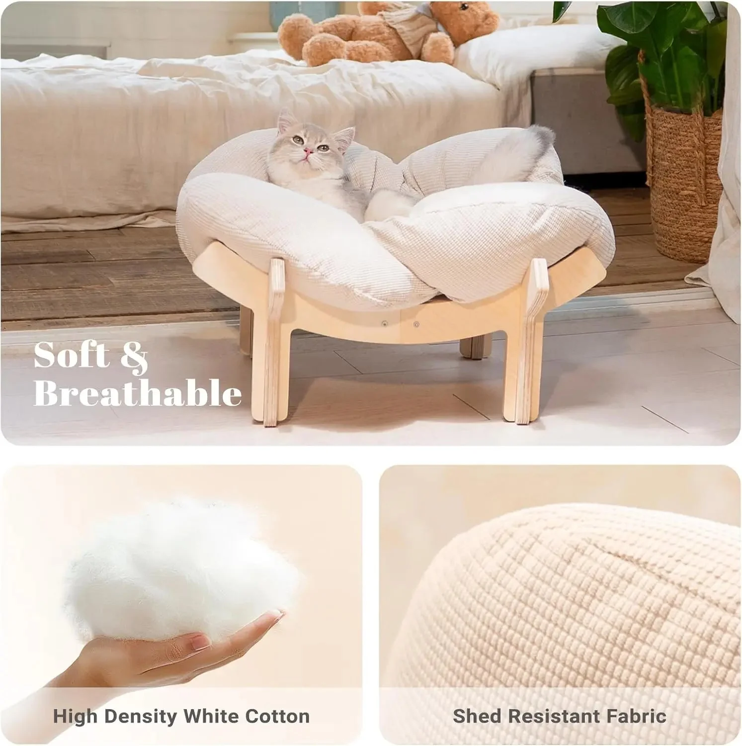 Wooden Cat & Puppies Elevated Pet Bed with Cushion – Modern Raised Pet Sofa - Image 4